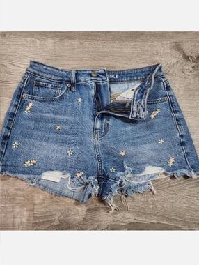 AMERICAN EAGLE Flower Embroidered Cut Off Distressed Denim Jean Shorts 2